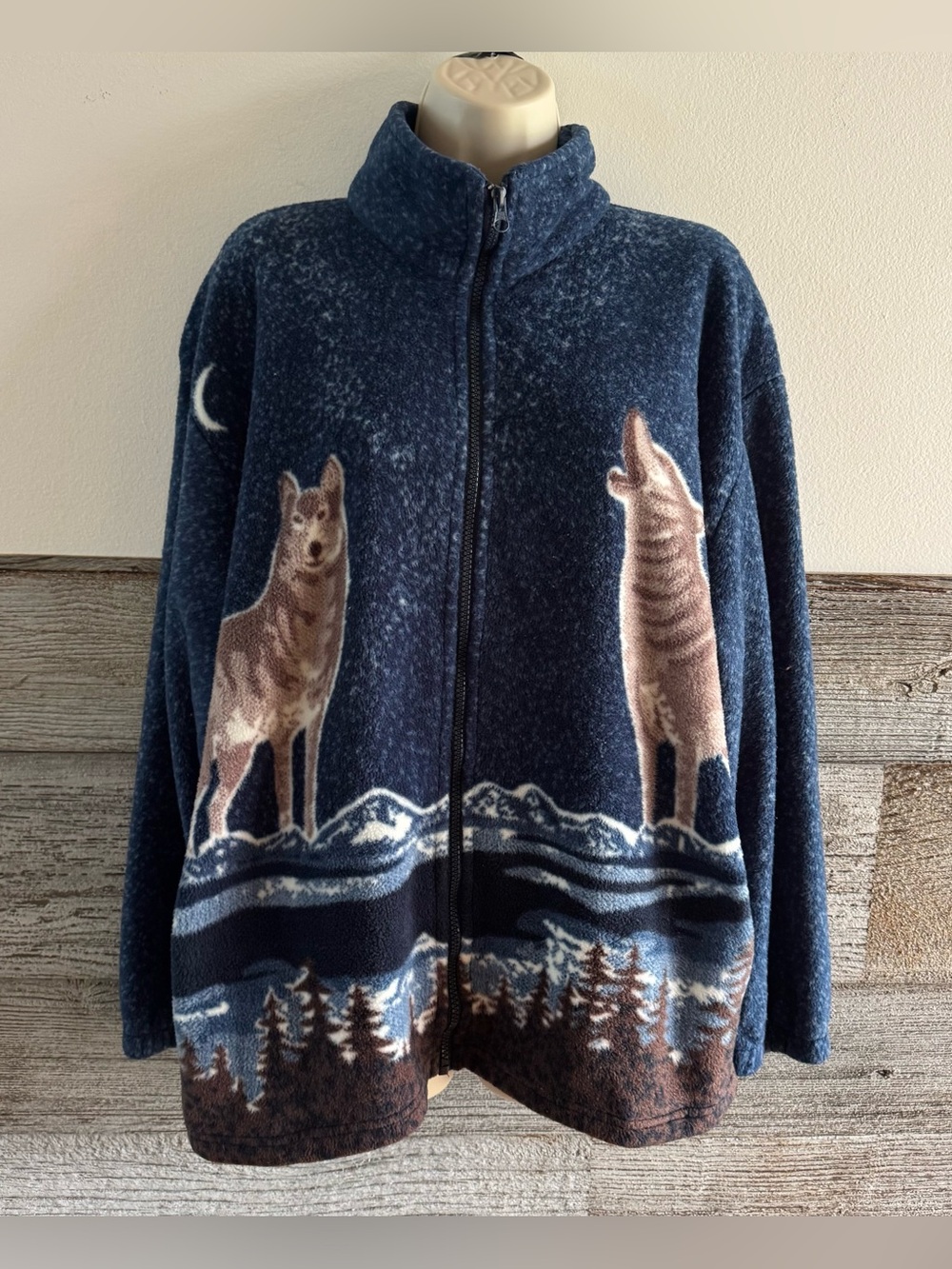 Vintage 90s Collections Etc Wolf Fleece Jacket Full Zip AOP Moon Mountains